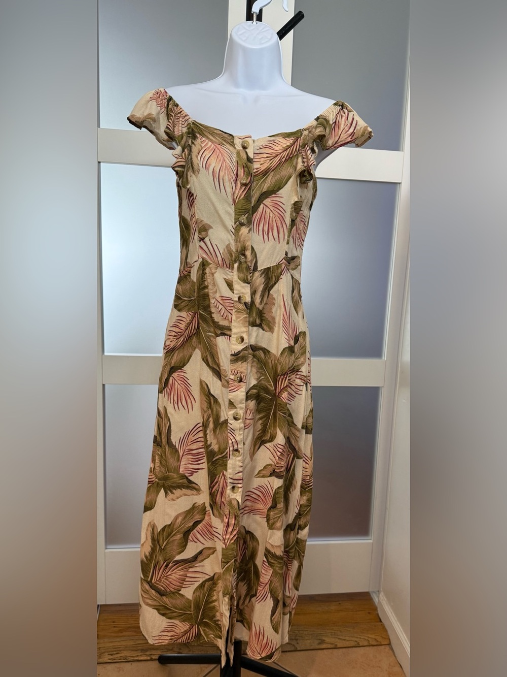 Billabong Cream Dress with Green and Pink Leaf Print, size small.
